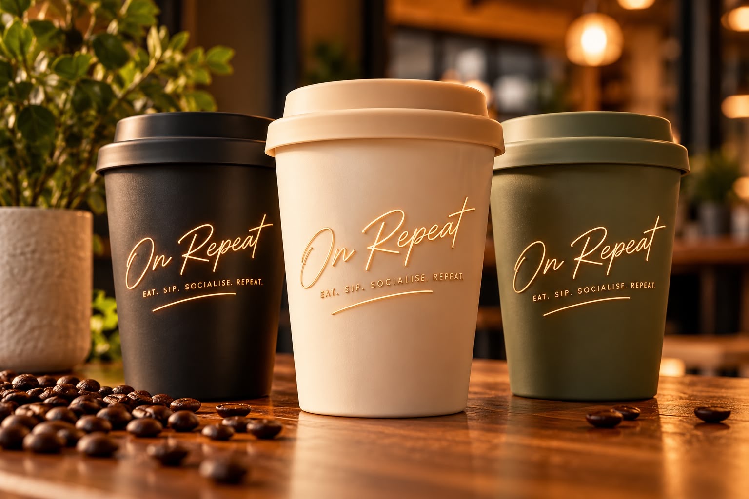 ON REPEAT branded takeaway cups in a warm café setting