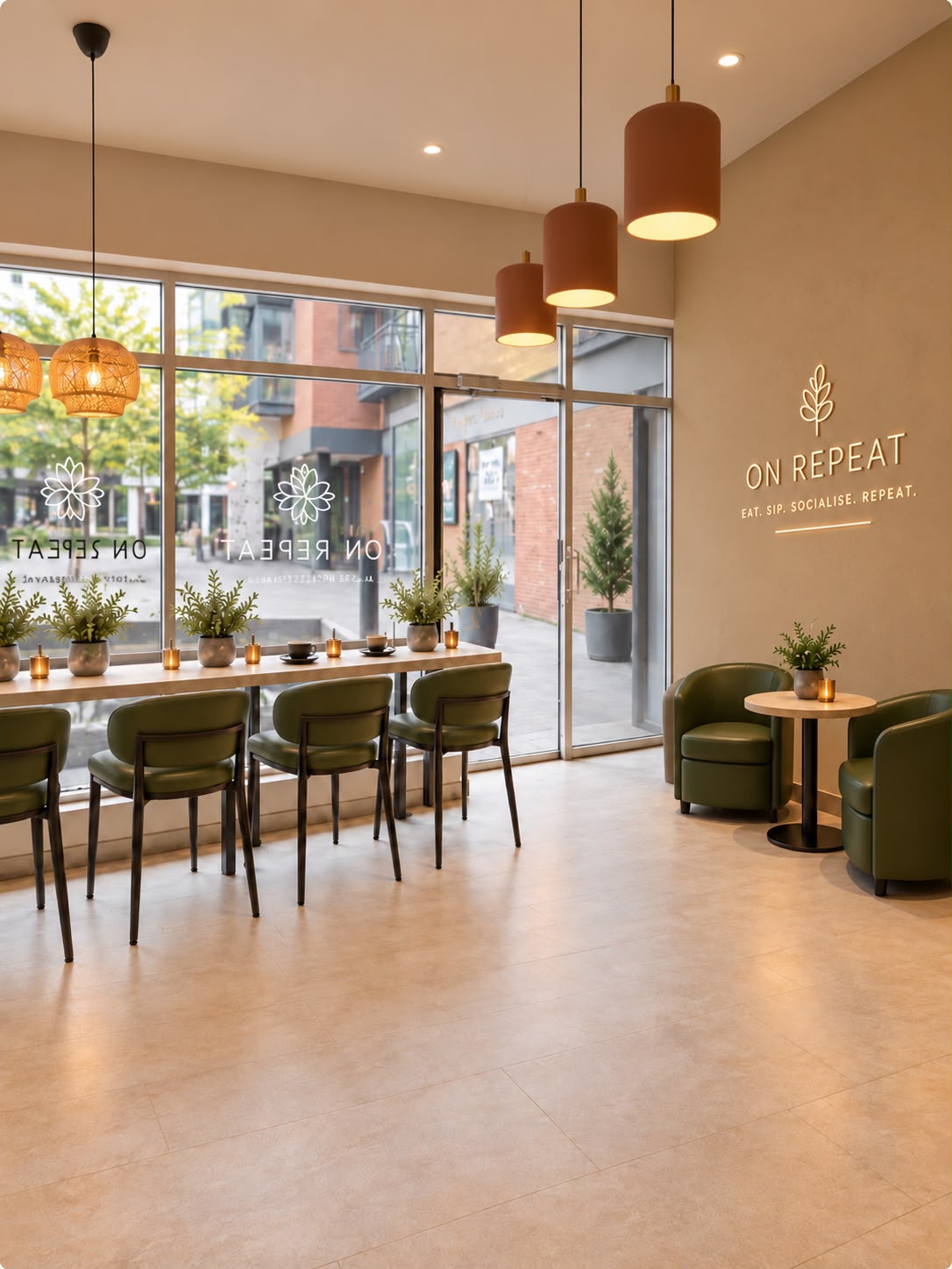 Concept view of the ON REPEAT café interior, with warm pendant lights and green seating