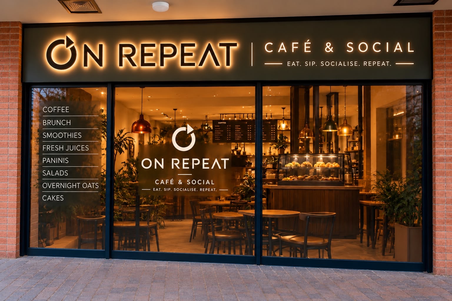ON REPEAT storefront concept at dusk